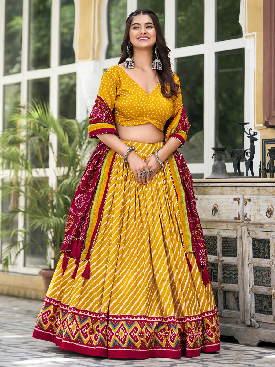 Multi Tussar Silk Printed Festival Mehendi Circular Lehenga Choli