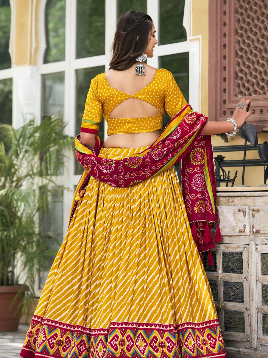 Multi Tussar Silk Printed Festival Mehendi Circular Lehenga Choli