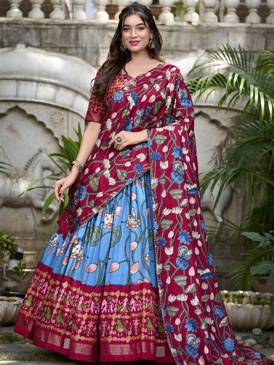 Multi Tussar Silk Printed Festival Mehendi Traditional Lehenga Choli