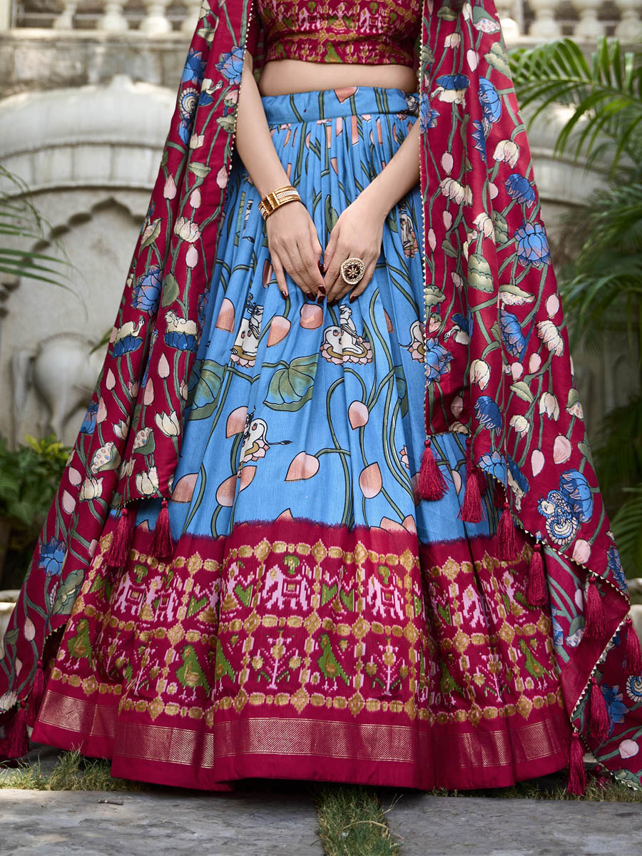 Multi Tussar Silk Printed Festival Mehendi Traditional Lehenga Choli