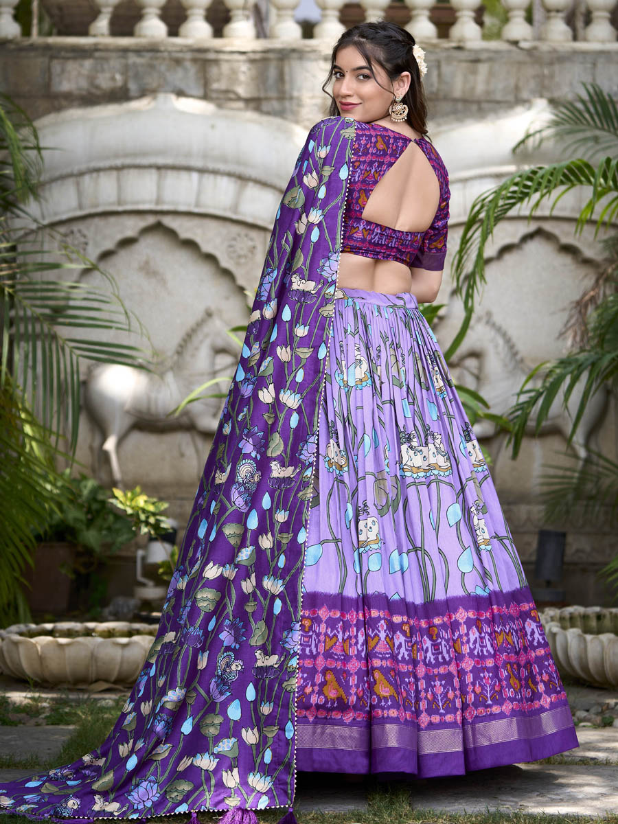 Multi Tussar Silk Printed Festival Mehendi Traditional Lehenga Choli