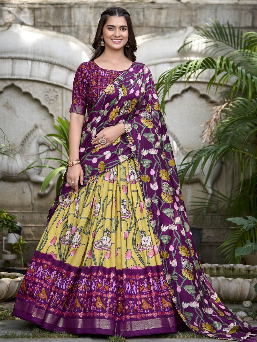 Multi Tussar Silk Printed Festival Mehendi Traditional Lehenga Choli