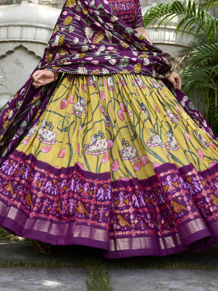 Multi Tussar Silk Printed Festival Mehendi Traditional Lehenga Choli