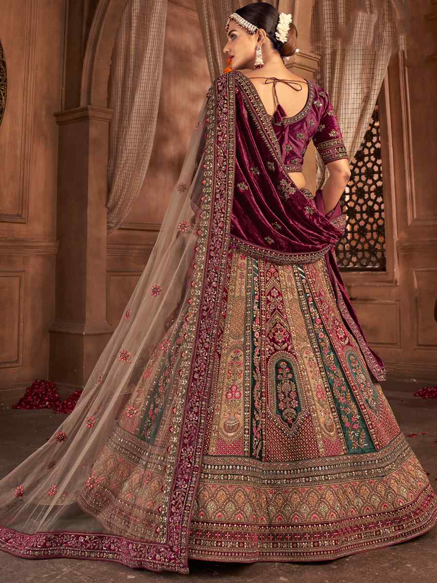 Multi Velvet Embroidered Bridal Wedding Heavy Border Lehenga Choli