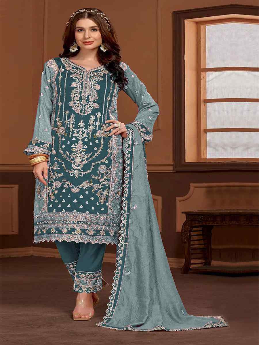 Multi Vichitra Embroidered Festival Wedding Pant Salwar Kameez