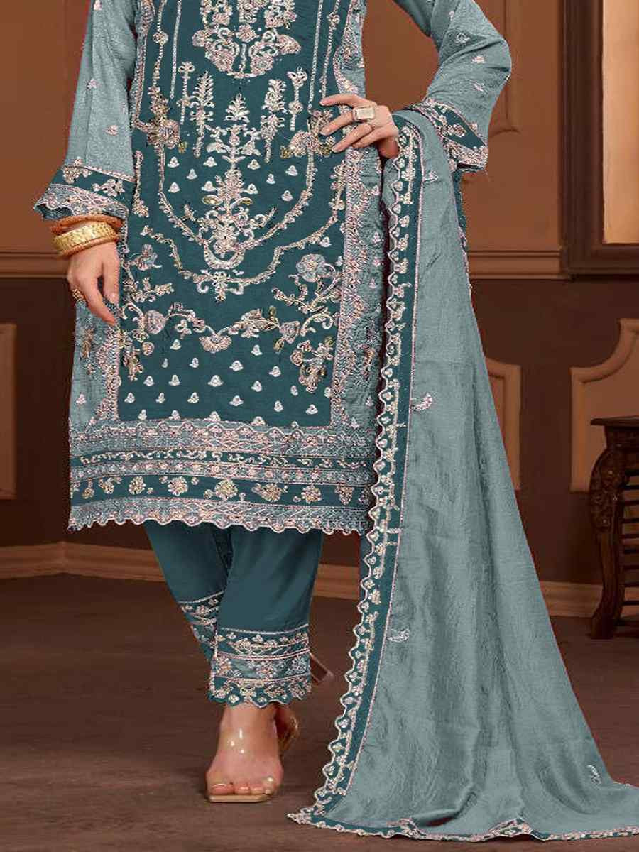 Multi Vichitra Embroidered Festival Wedding Pant Salwar Kameez