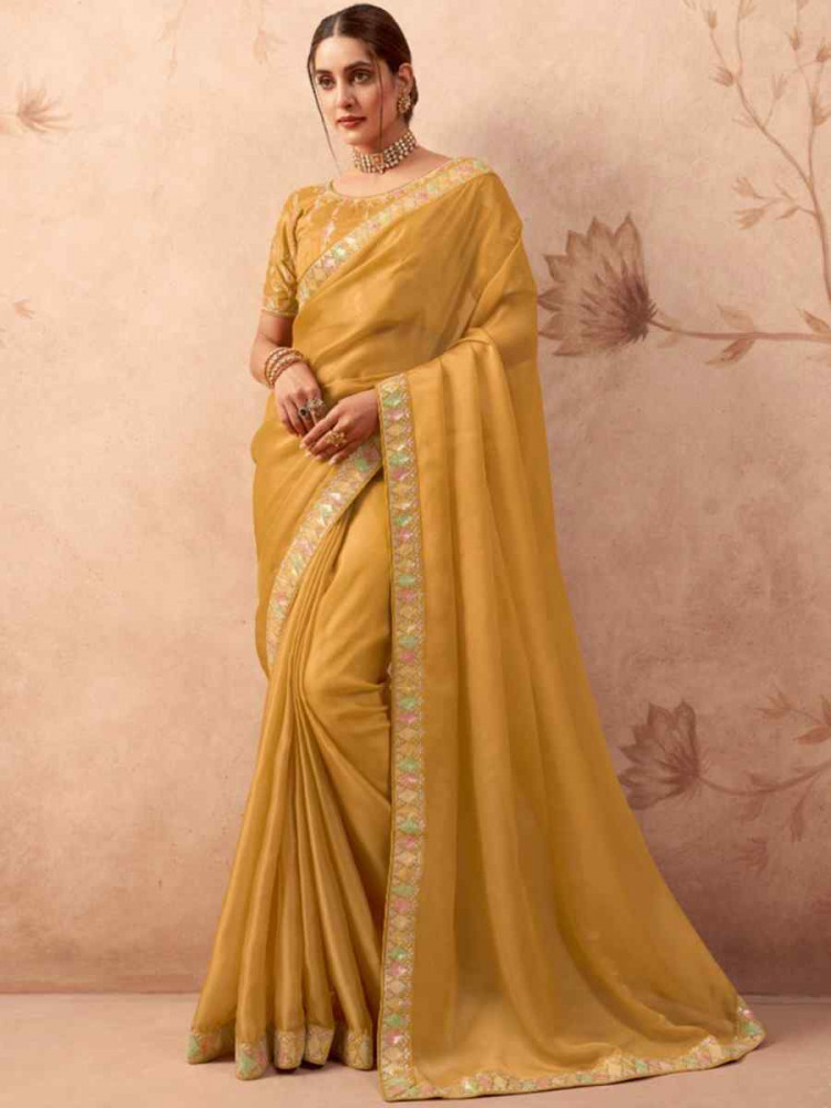 Mustard Art Silk Embroidered Festival Wedding Heavy Border Saree