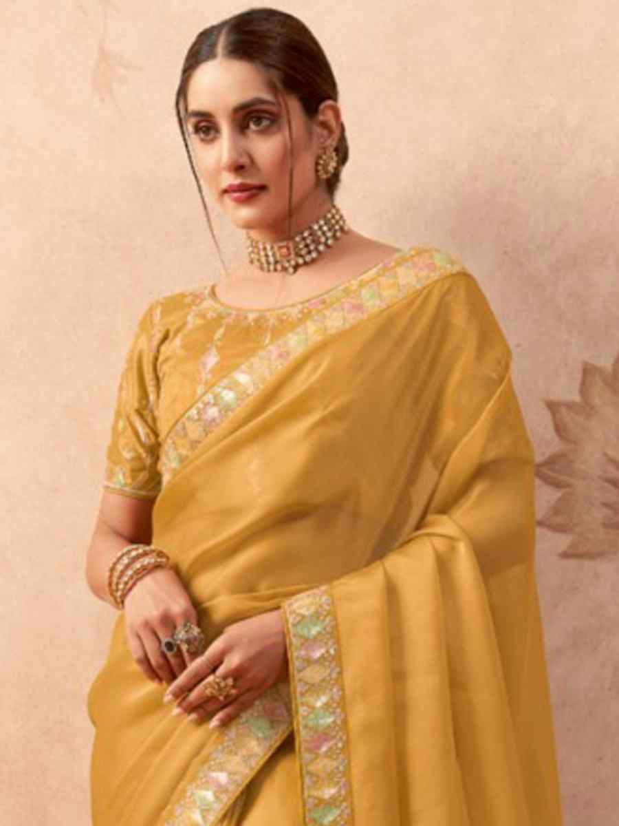 Mustard Art Silk Embroidered Festival Wedding Heavy Border Saree