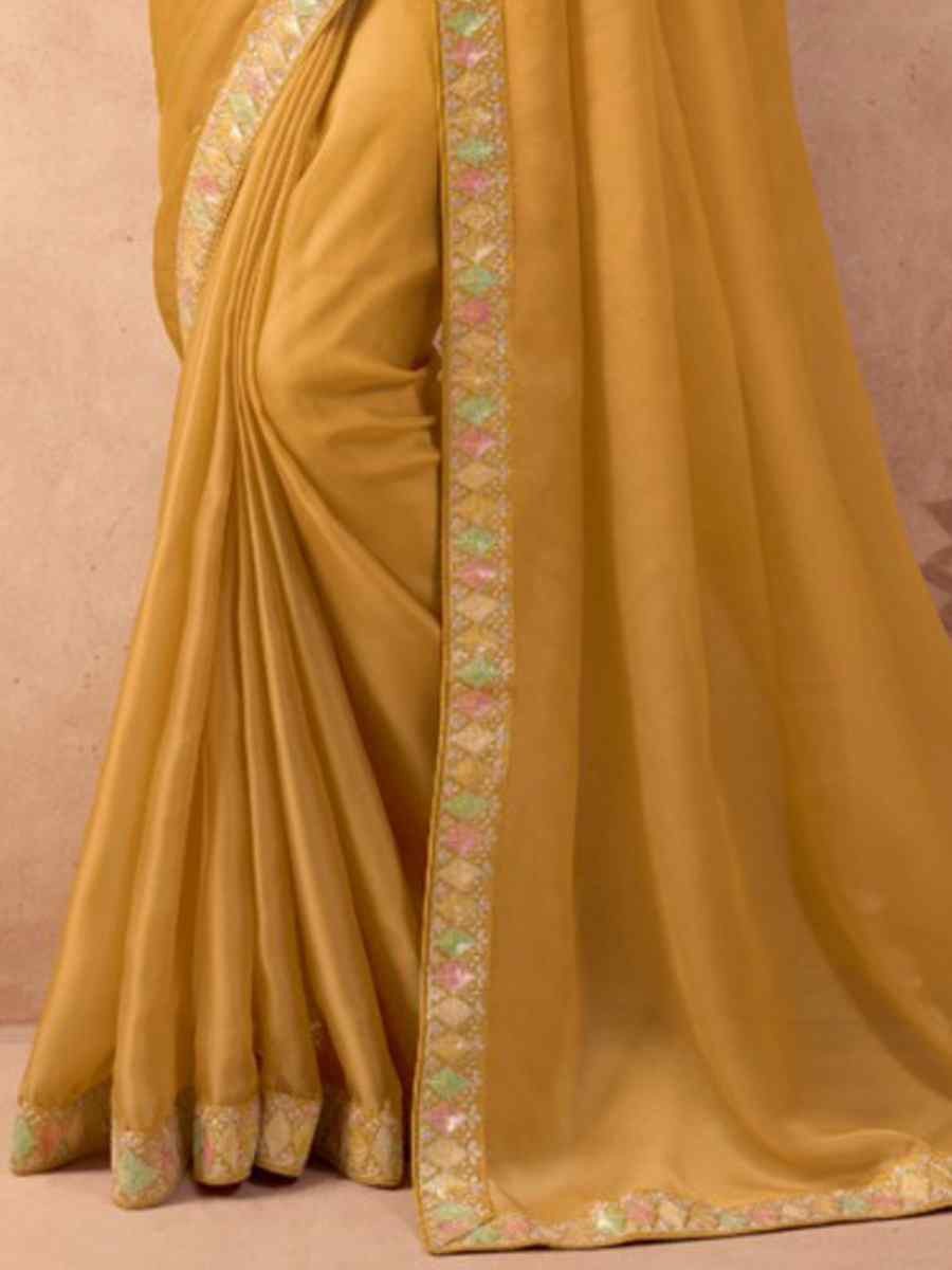 Mustard Art Silk Embroidered Festival Wedding Heavy Border Saree