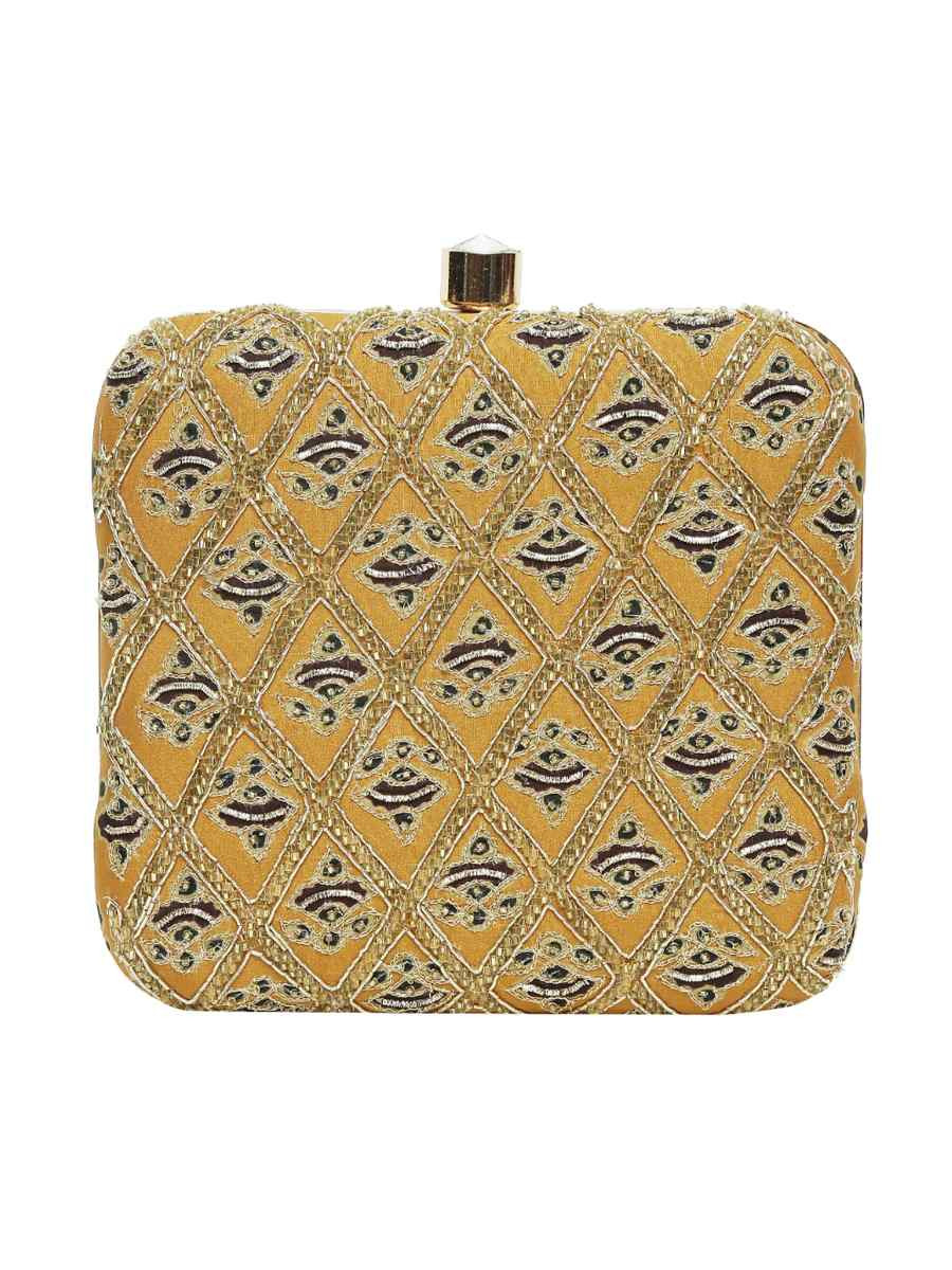 Mustard Art Silk Party Wear Embroidered Clutches