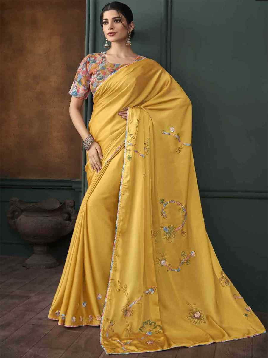 Mustard Art Silk Printed Festival Casual Contemporary Saree