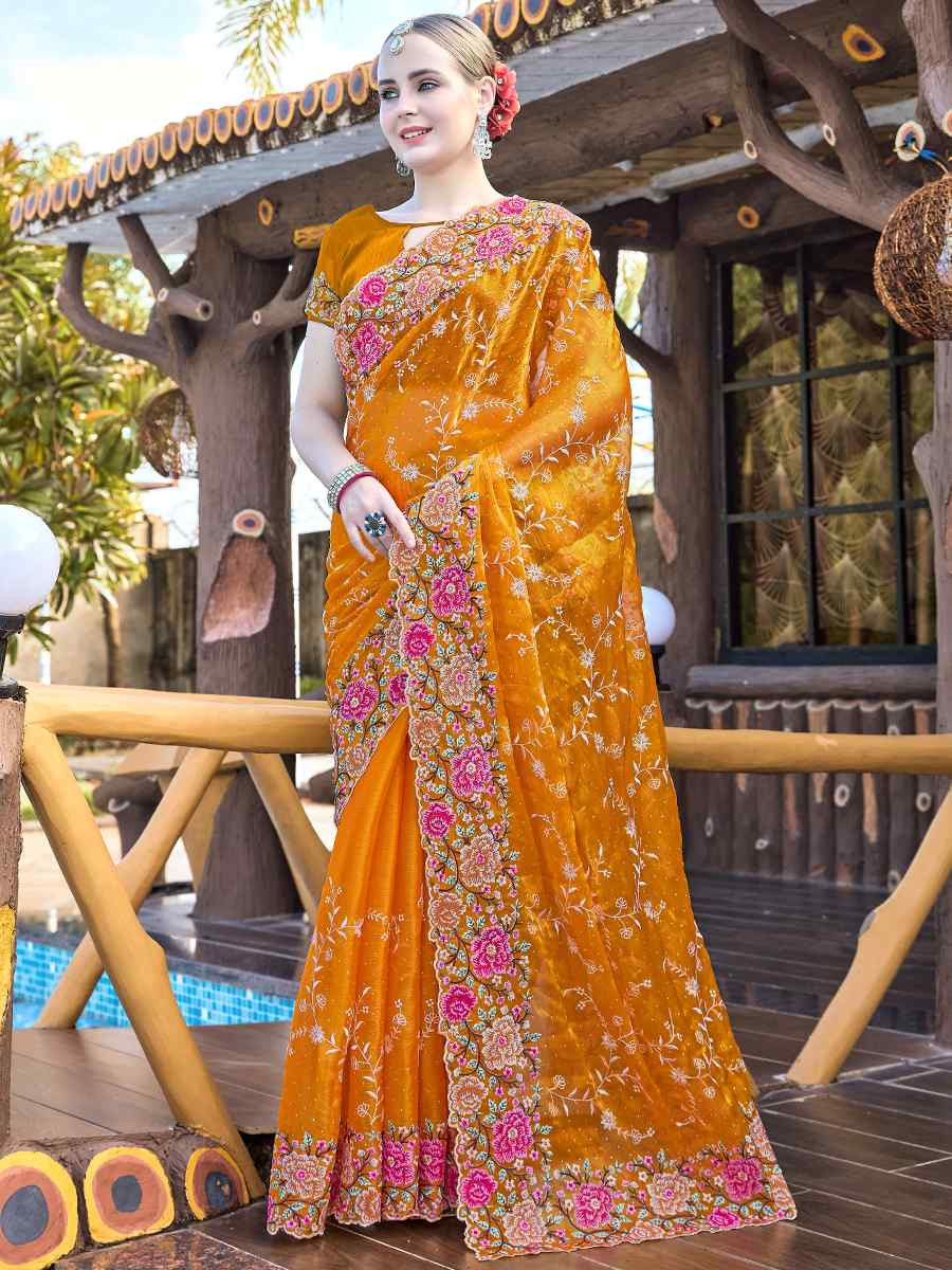 Mustard Burbury Silk Embroidered Bridesmaid Wedding Heavy Border Saree