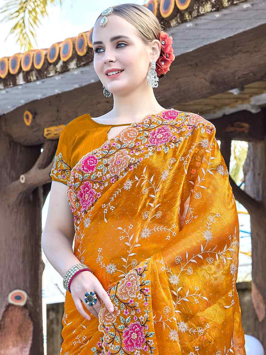 Mustard Burbury Silk Embroidered Bridesmaid Wedding Heavy Border Saree