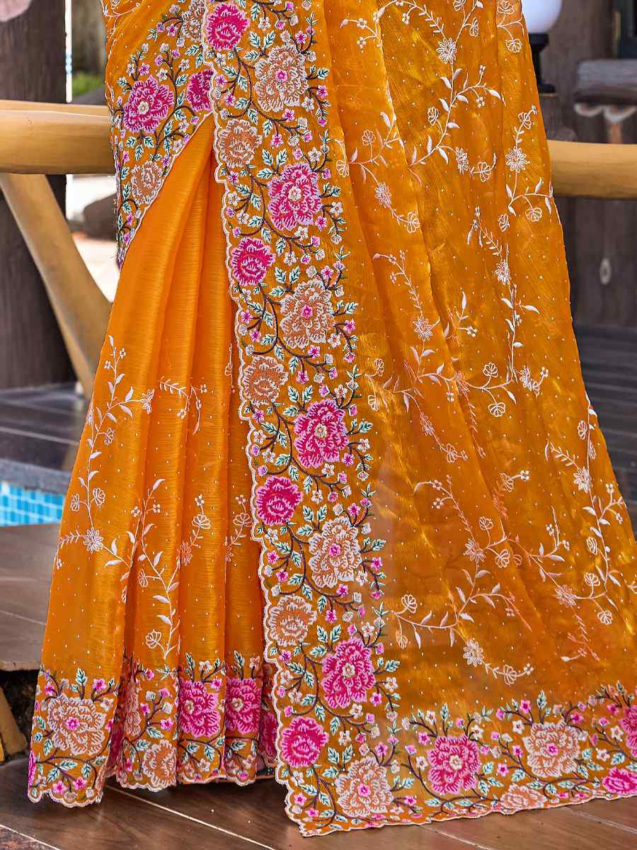 Mustard Burbury Silk Embroidered Bridesmaid Wedding Heavy Border Saree