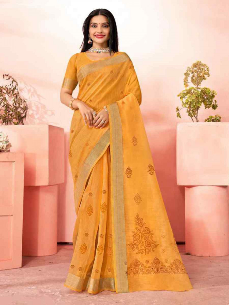 Mustard Chanderi Cotton Handwoven Festival Casual Heavy Border Saree