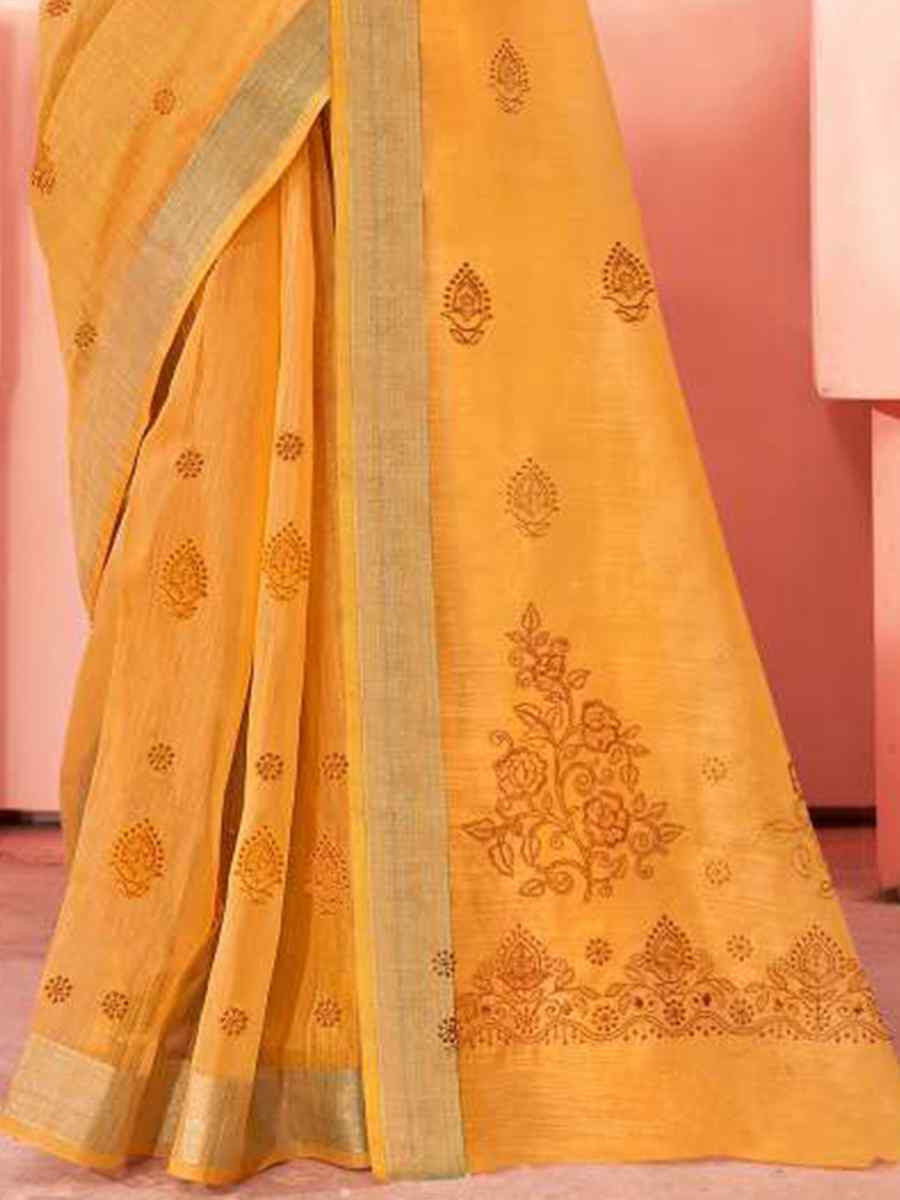 Mustard Chanderi Cotton Handwoven Festival Casual Heavy Border Saree