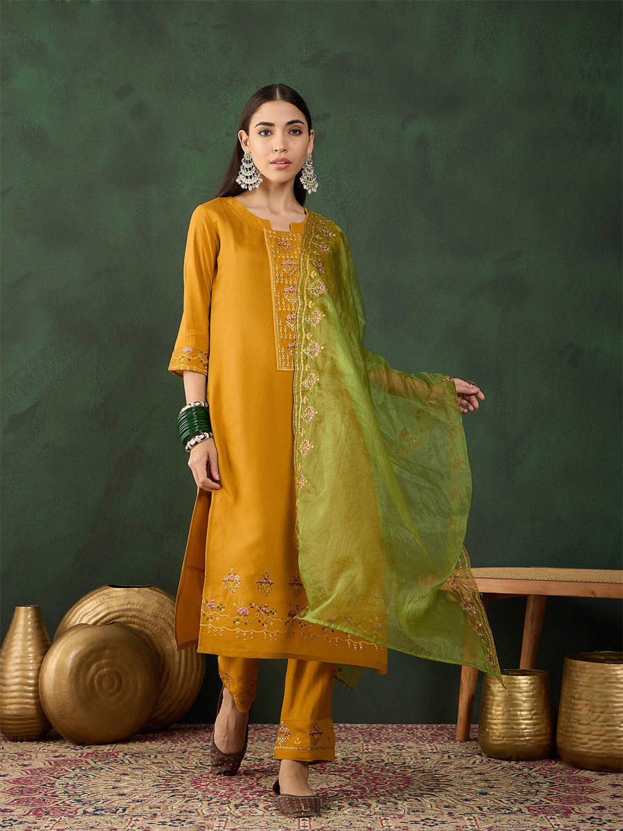 Mustard Chinon Embroidered Festival Casual Ready Pant Salwar Kameez