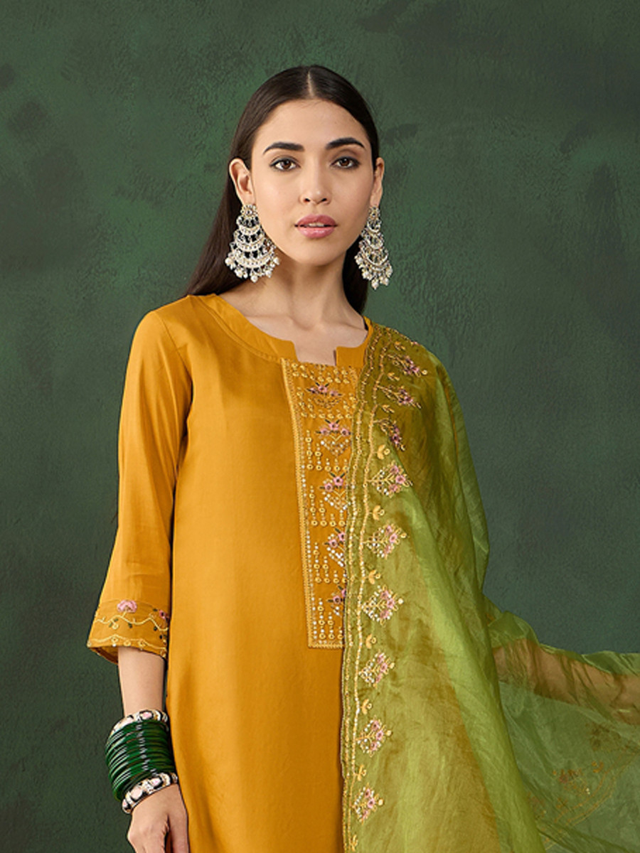 Mustard Chinon Embroidered Festival Casual Ready Pant Salwar Kameez