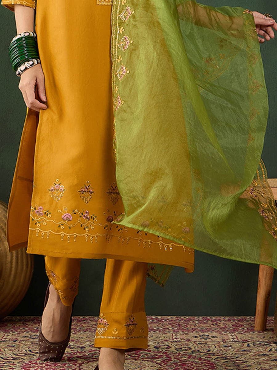 Mustard Chinon Embroidered Festival Casual Ready Pant Salwar Kameez