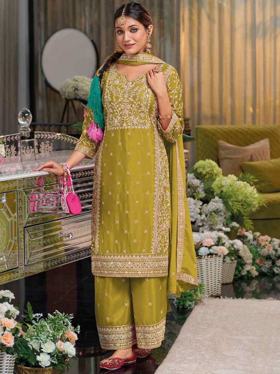 Mustard Chinon Embroidered Festival Wedding Palazzo Pant Salwar Kameez