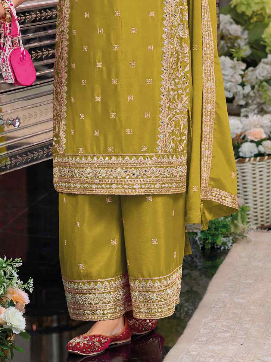 Mustard Chinon Embroidered Festival Wedding Palazzo Pant Salwar Kameez