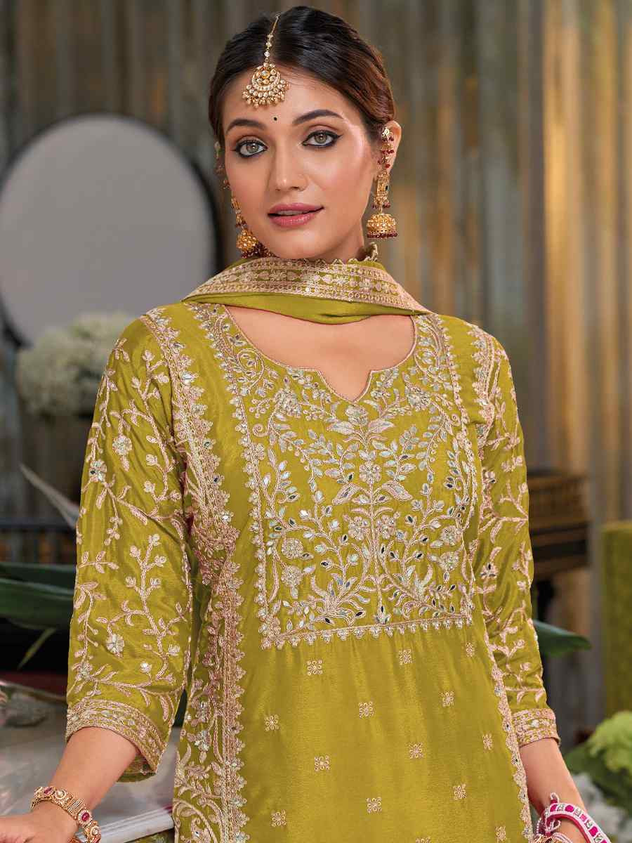 Mustard Chinon Embroidered Festival Wedding Palazzo Pant Salwar Kameez