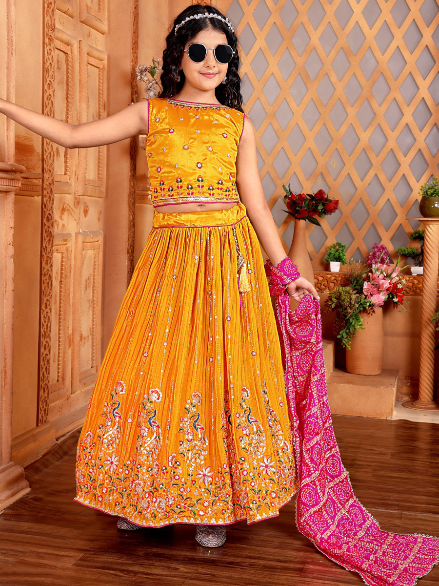 Mustard Chinon Embroidered Wedding Festival Lehengas Girls Wear