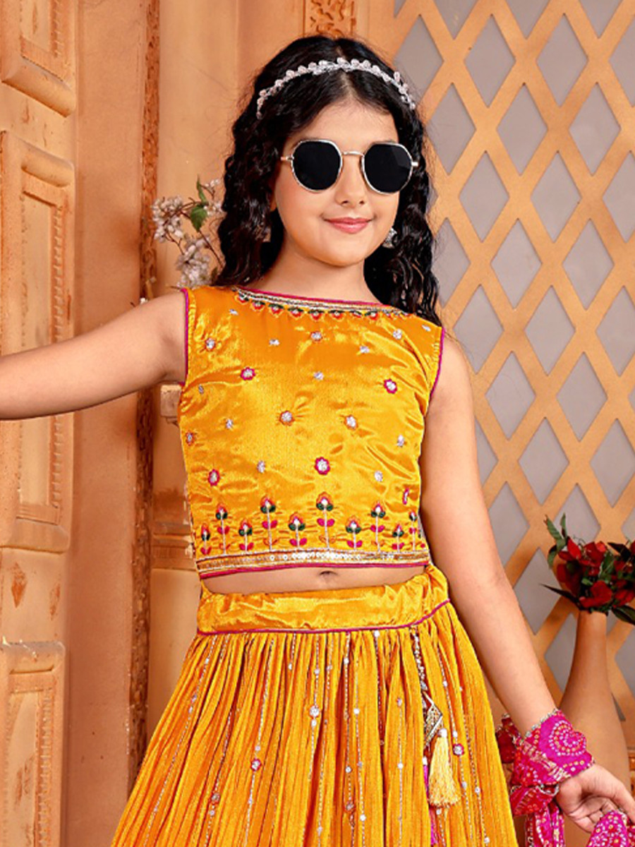 Mustard Chinon Embroidered Wedding Festival Lehengas Girls Wear