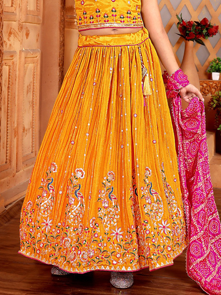 Mustard Chinon Embroidered Wedding Festival Lehengas Girls Wear