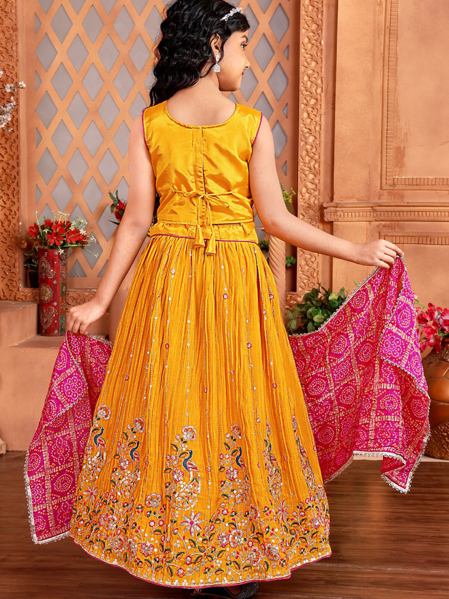 Mustard Chinon Embroidered Wedding Festival Lehengas Girls Wear