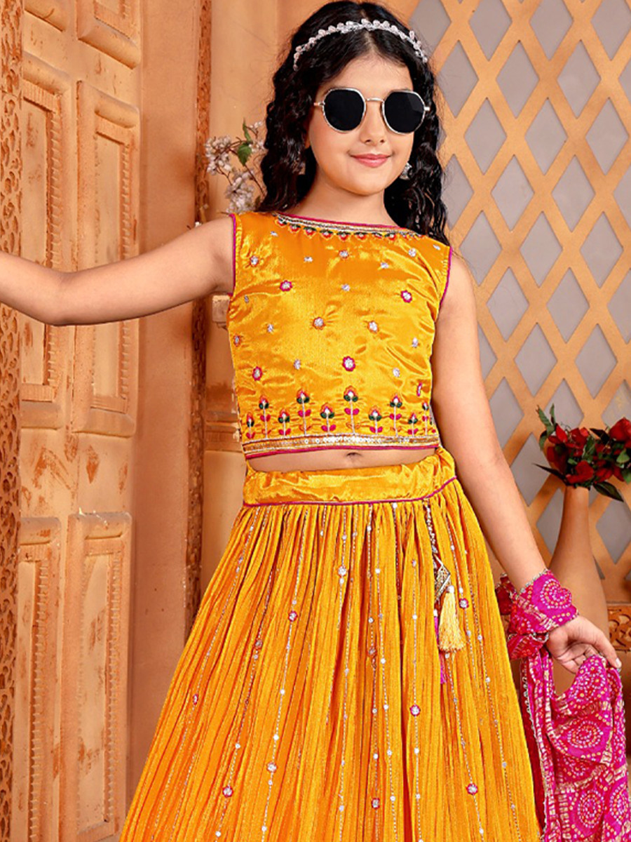 Mustard Chinon Embroidered Wedding Festival Lehengas Girls Wear