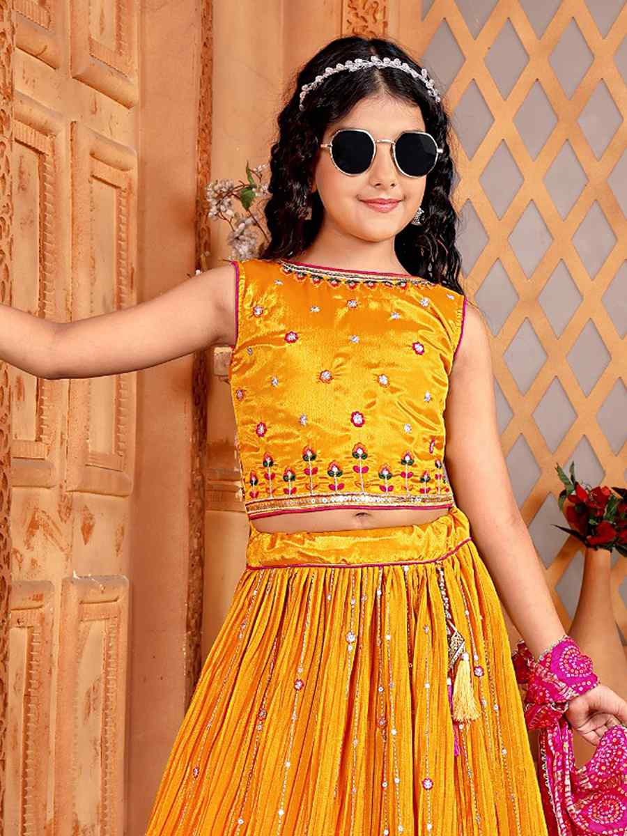 Mustard Chinon Embroidered Wedding Festival Lehengas Girls Wear