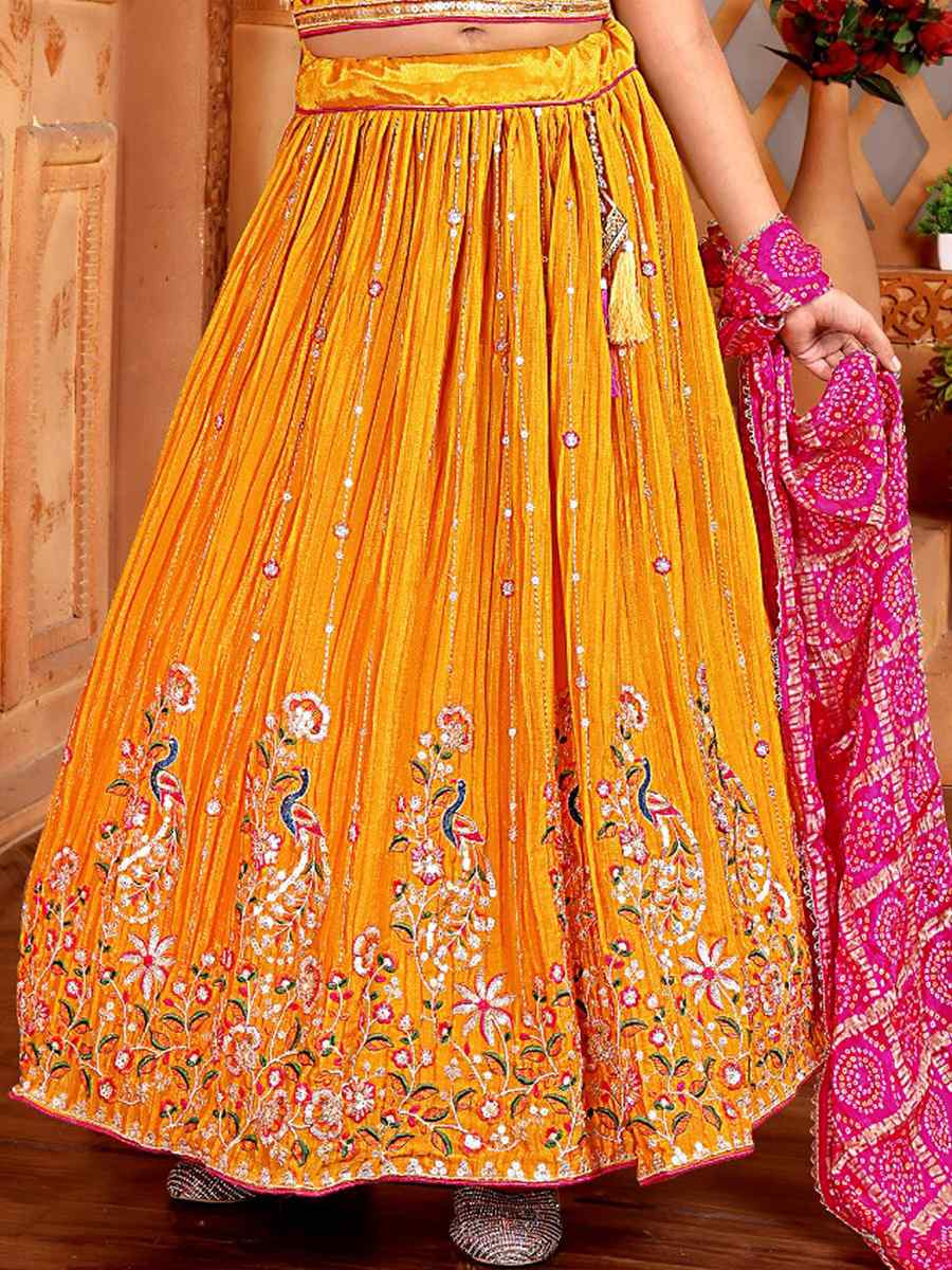 Mustard Chinon Embroidered Wedding Festival Lehengas Girls Wear