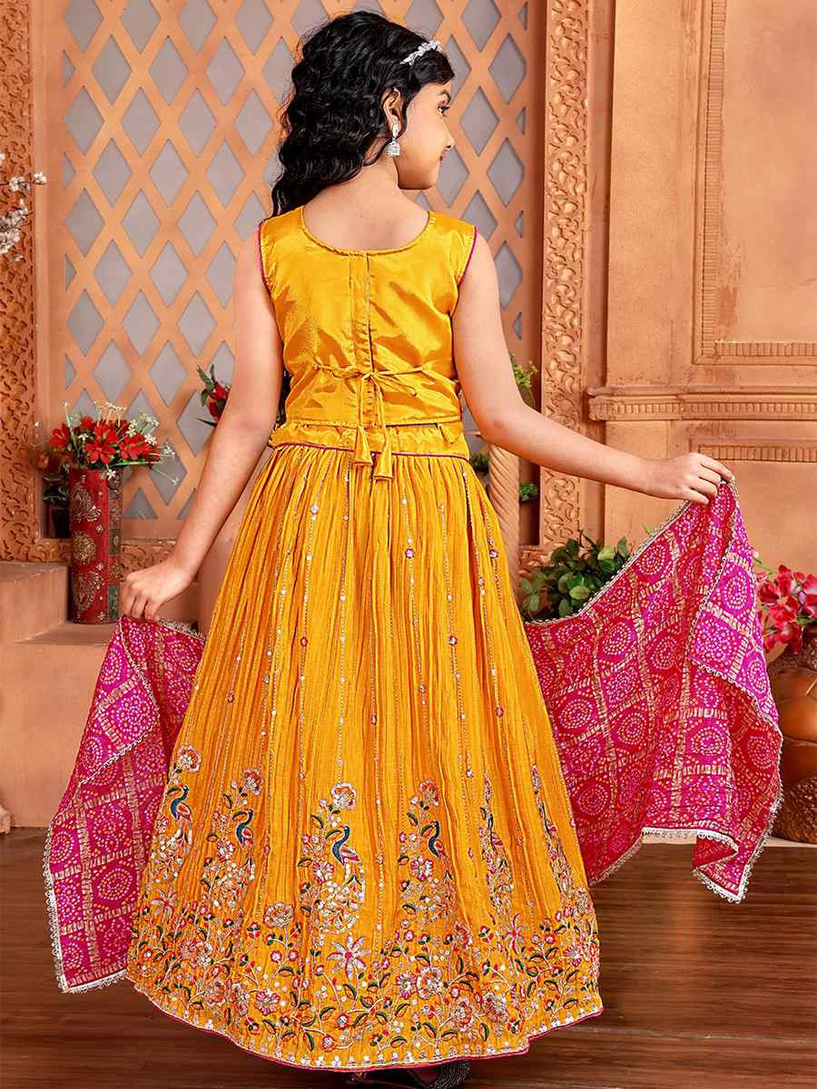 Mustard Chinon Embroidered Wedding Festival Lehengas Girls Wear