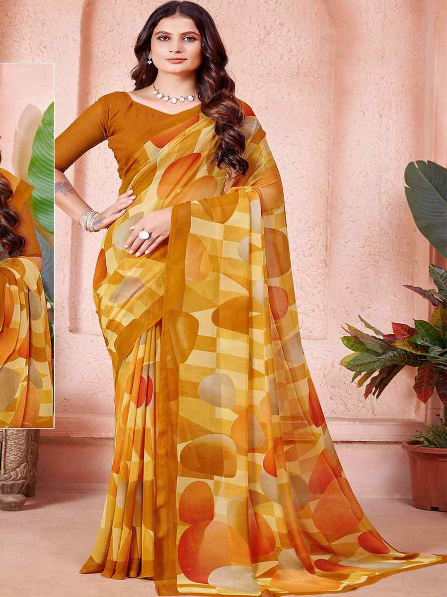 Mustard Cotton Printed Festival Casual Contemporary Saree