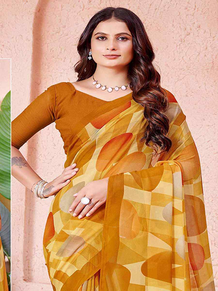 Mustard Cotton Printed Festival Casual Contemporary Saree