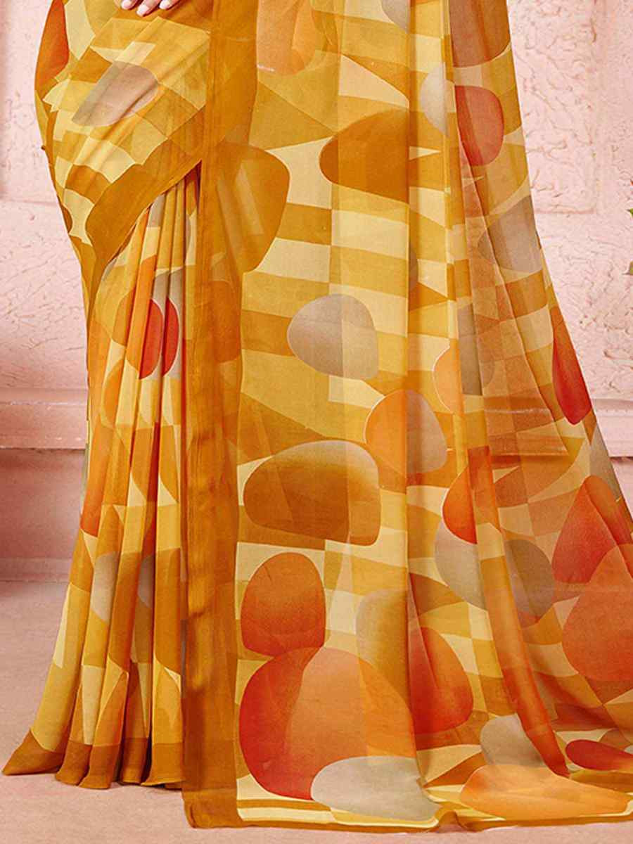 Mustard Cotton Printed Festival Casual Contemporary Saree