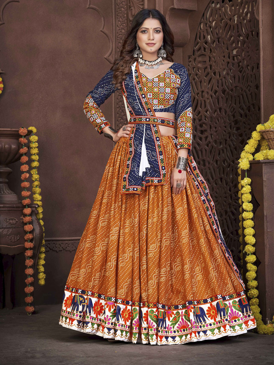 Mustard Cotton Silk Printed Festival Mehendi Circular Lehenga Choli