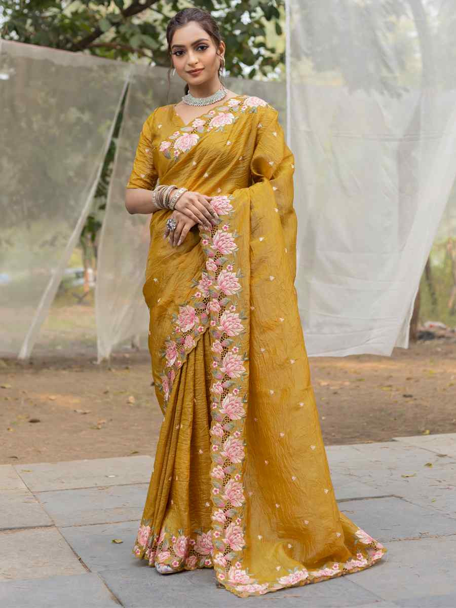 Mustard Crush Silk Handwoven Festival Wedding Heavy Border Saree