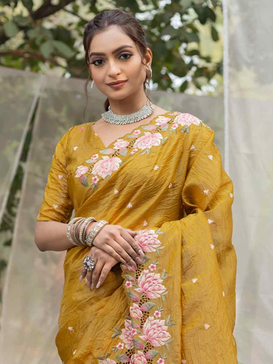 Mustard Crush Silk Handwoven Festival Wedding Heavy Border Saree