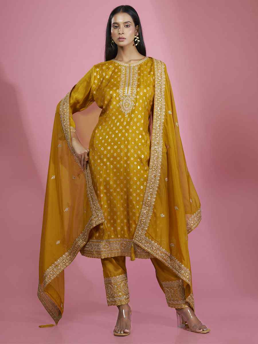 Mustard Dola Silk Embroidered Festival Casual Ready Pant Salwar Kameez