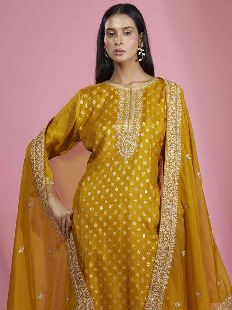 Mustard Dola Silk Embroidered Festival Casual Ready Pant Salwar Kameez