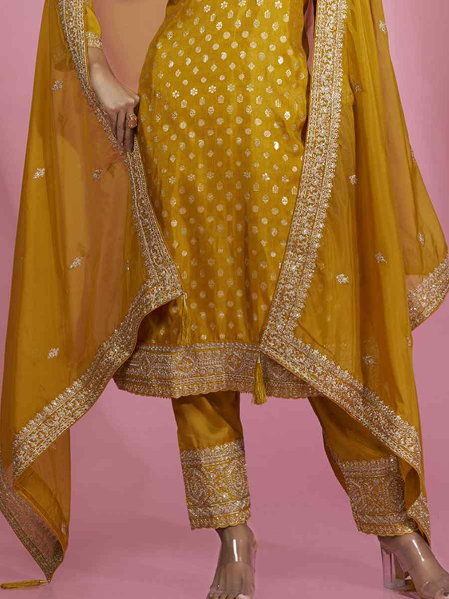 Mustard Dola Silk Embroidered Festival Casual Ready Pant Salwar Kameez