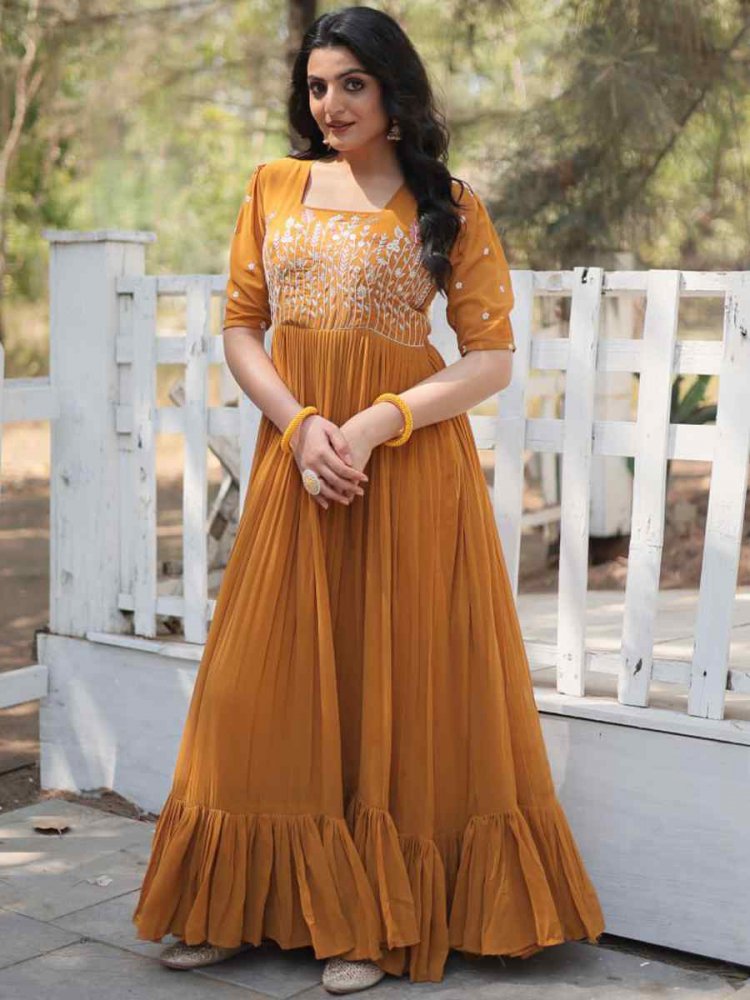 Mustard Faux Georgette Embroidered Festival Casual Gown