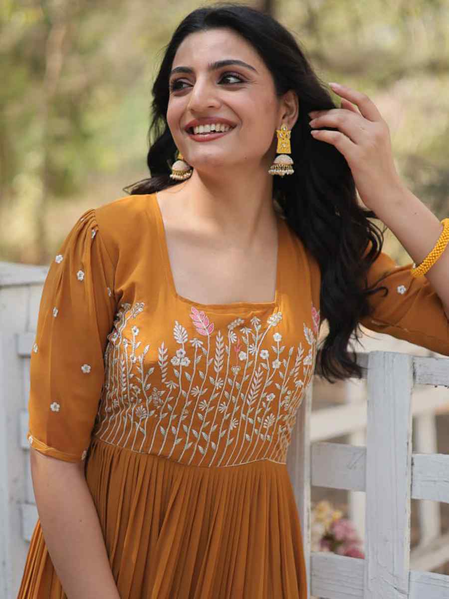 Mustard Faux Georgette Embroidered Festival Casual Gown