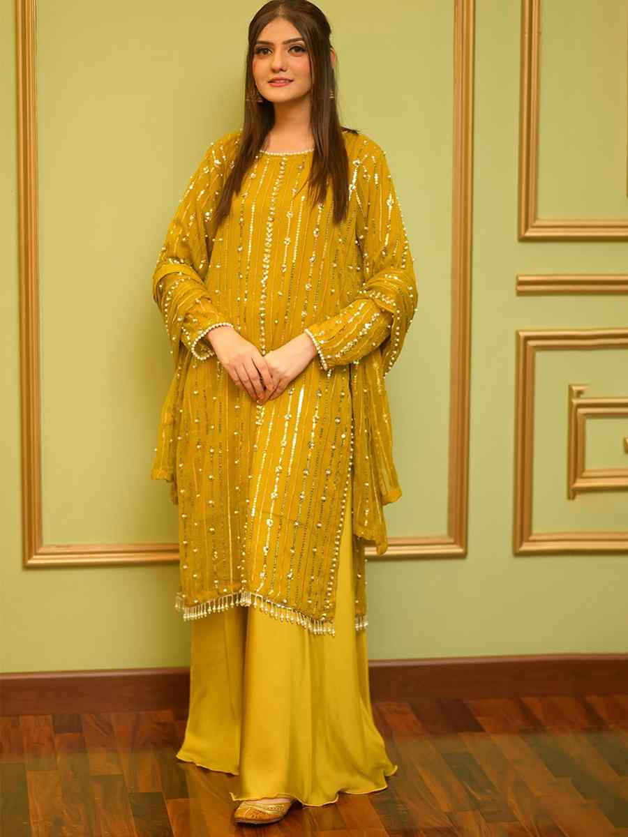 Mustard Faux Georgette Embroidered Festival Wedding Palazzo Pant Ready Salwar Kameez