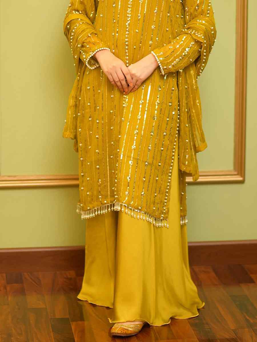 Mustard Faux Georgette Embroidered Festival Wedding Palazzo Pant Ready Salwar Kameez