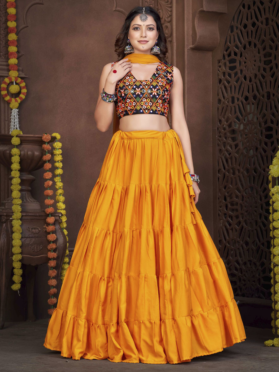 Mustard French Crepe Printed Festival Mehendi Circular Lehenga Choli