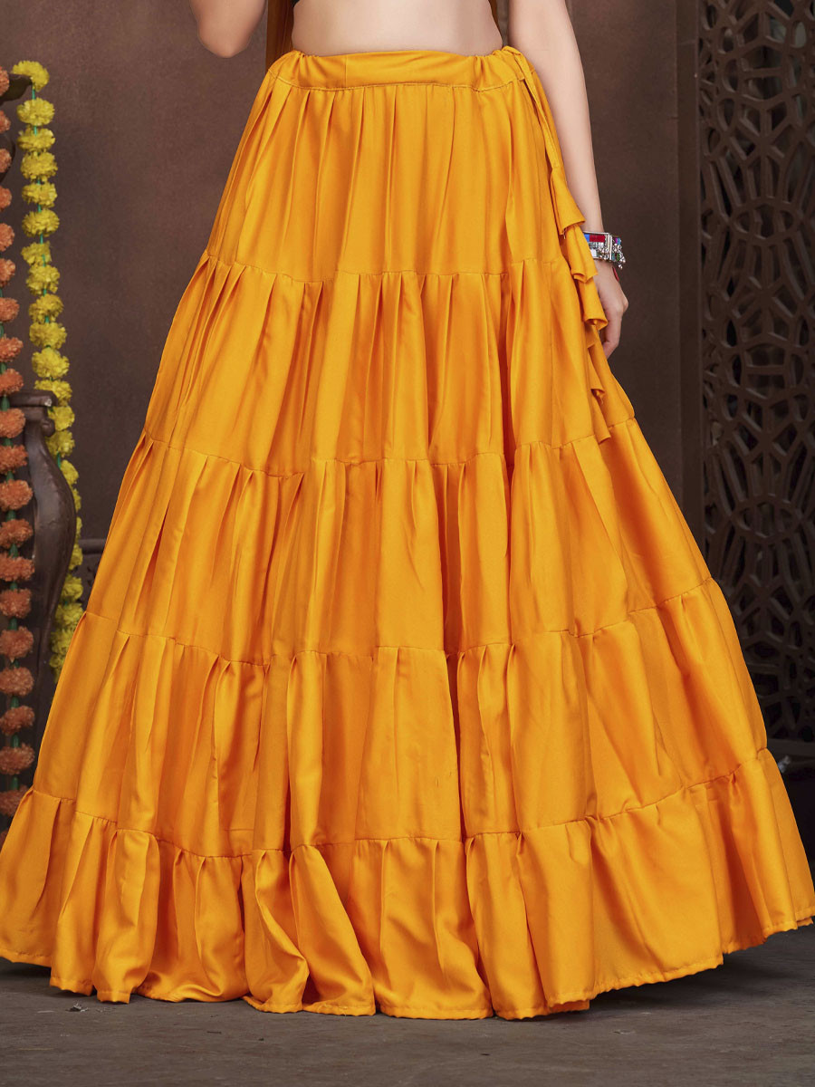 Mustard French Crepe Printed Festival Mehendi Circular Lehenga Choli