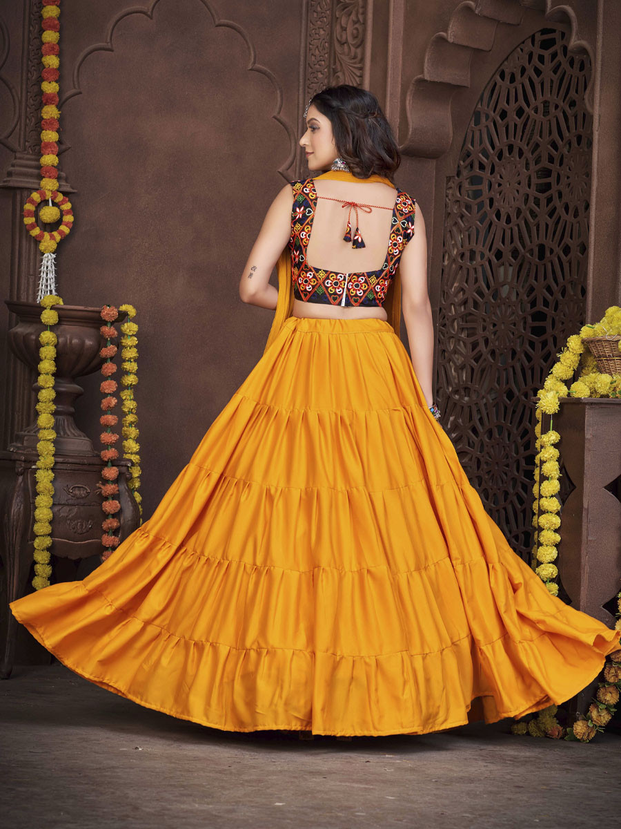 Mustard French Crepe Printed Festival Mehendi Circular Lehenga Choli